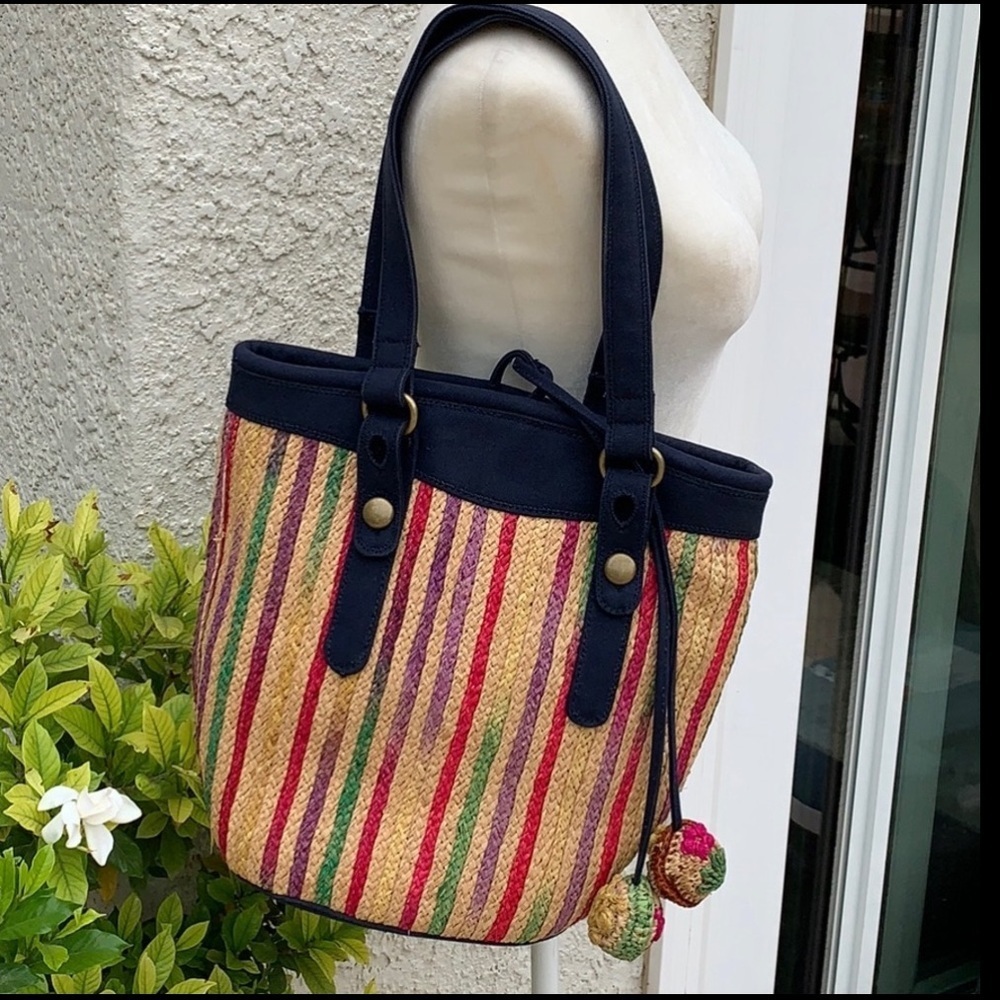 Lucky Brand Colorful Stripe Straw Tote Purse with Pom Poms Ties